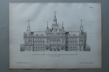Holzstich Architektur Wiesbaden 1887 Konkurrenz-Projekt Rathaus